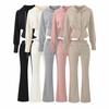 Women's 2026 Comfy Style: Waist-Cinching Hooded Cardigan with Diamond Chain & Micro-Flare Pants Set