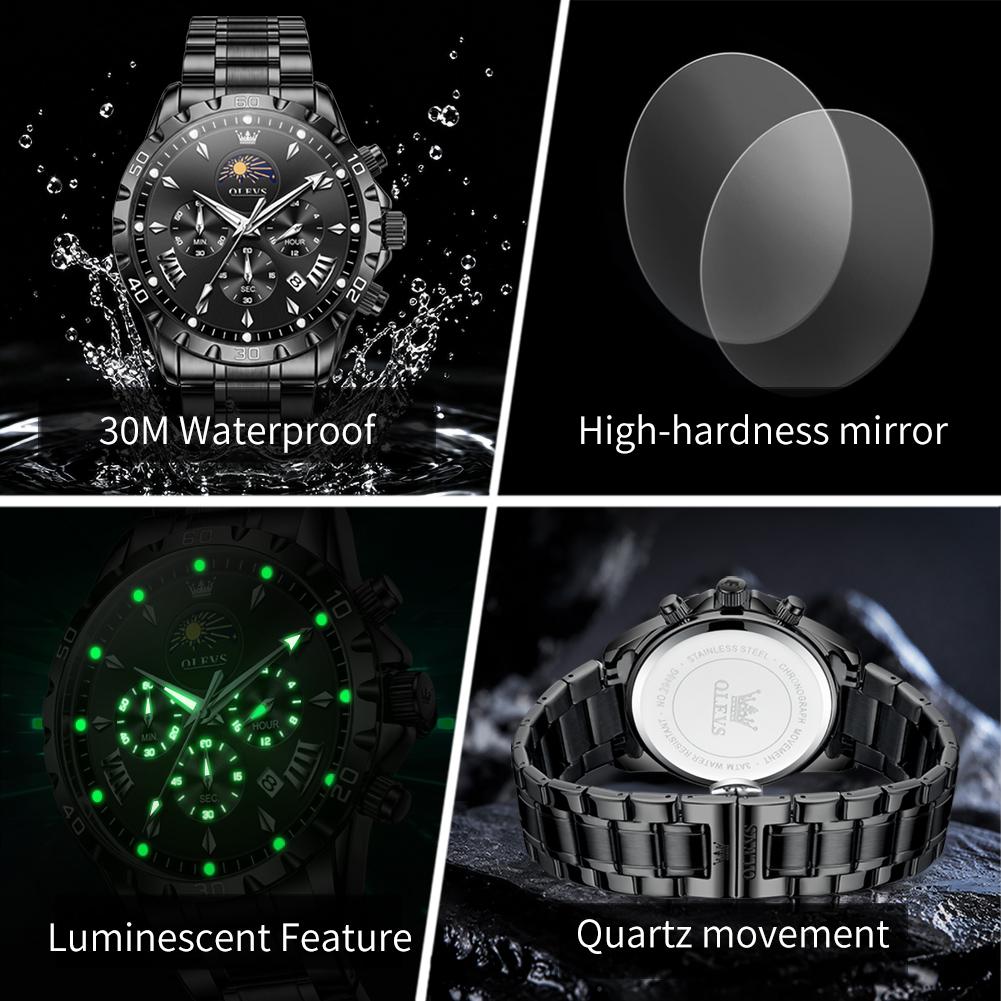 OLEVS Men's Quartz Watch Luxury Original Solid Steel Strap 24Hour Moon Phase Chronograph Waterprof Luminous Watch for Man 2949