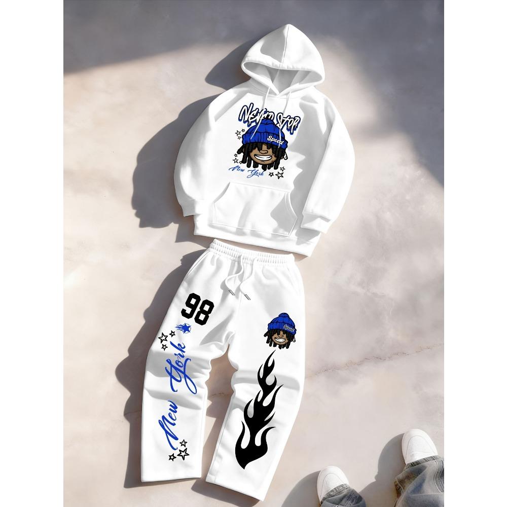 Men s Spring and Autumn Two Piece Sportswear, Cool Pattern Print, Multifunctional Drawstring Hooded Sportswear+drawstring Casual Sweatpants S белый