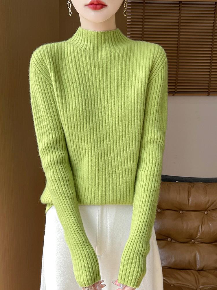 Women's Cashmere Striped Slimming Knit Sweater - Half-High Neck Autumn/Winter Base Layer