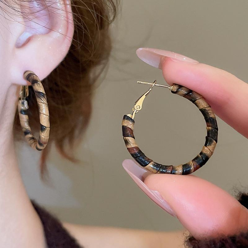 Orecchini a bottone geometrici rotondi con stampa leopardata in resina e pelle con ago d'argento moda autunno e inverno orecchini di nicchia di alta gamma da donna