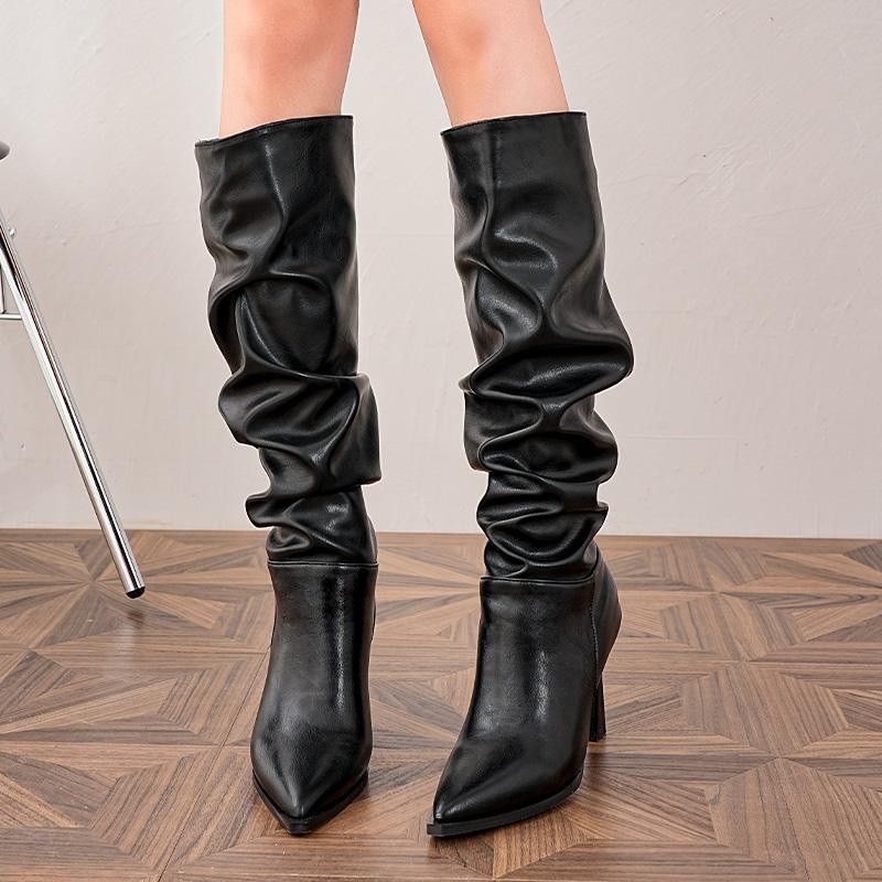 Fashion Soft Leather Pleated Tall Boots Women 2025 Autumn Winter Block Heel Pointed Toe Knight Boots Heightened
