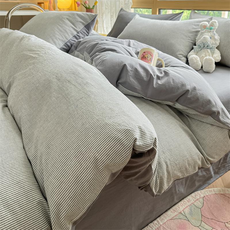 High Quality Striped Printed Pure Cotton Bedding Sets Skin Friendly Breathable Soft Quilt Kit Non Color Fading Bed Set