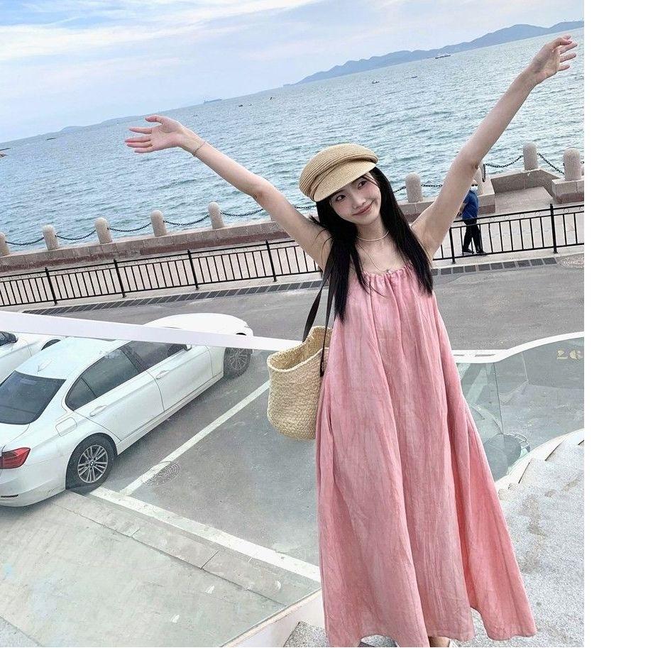 Pink Suspender Long Dress Women's Summer New Seaside Vacation Beach Dress Neck Design Niche Skirt