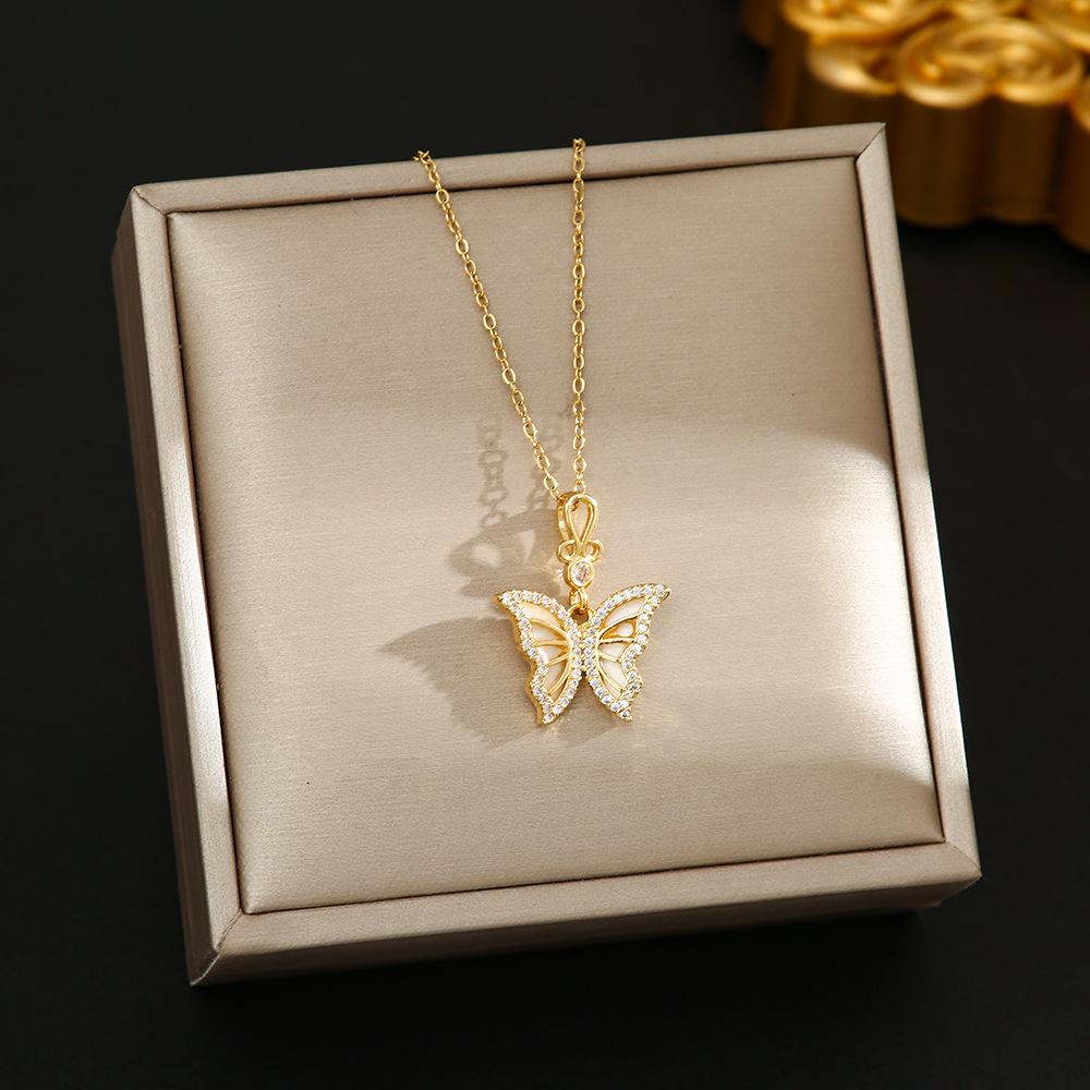 Korean Butterfly Tassel Luxury Diamond Titanium Steel Necklace - Women's Versatile Clavicle Jewelry