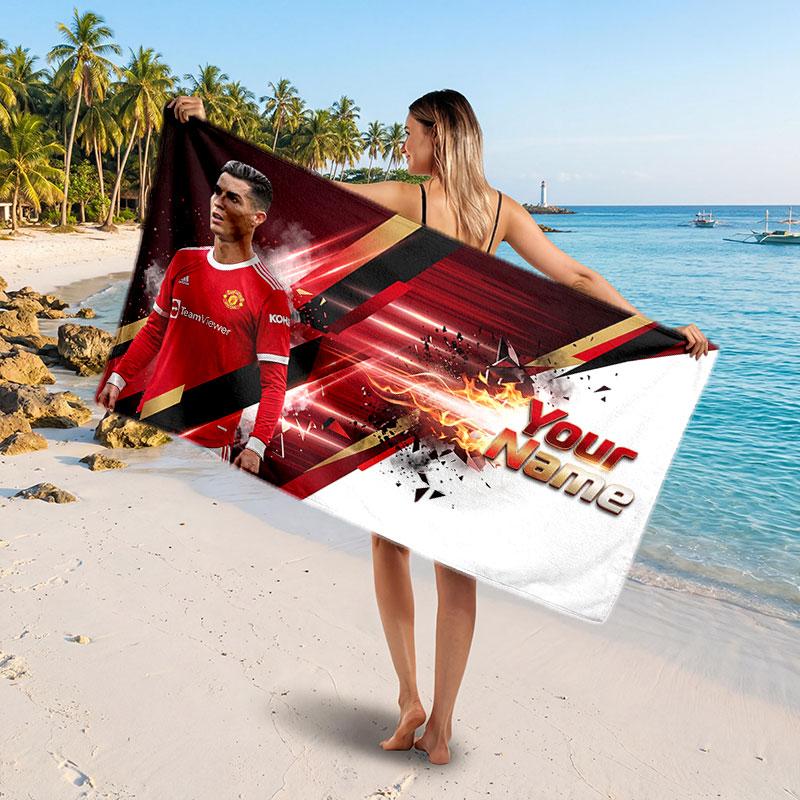 Cristiano Ronaldo Custom Beach Towel, Personalized Name Text Print, Football Logo Soft Quick‑Dry Towel Holiday Gift