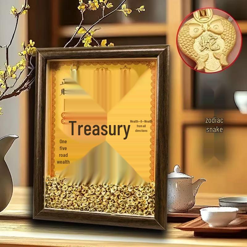 Yellow Dzambhala Wealth Photo Frame Ornament with Twelve Zodiac Animals for Desk Attraction