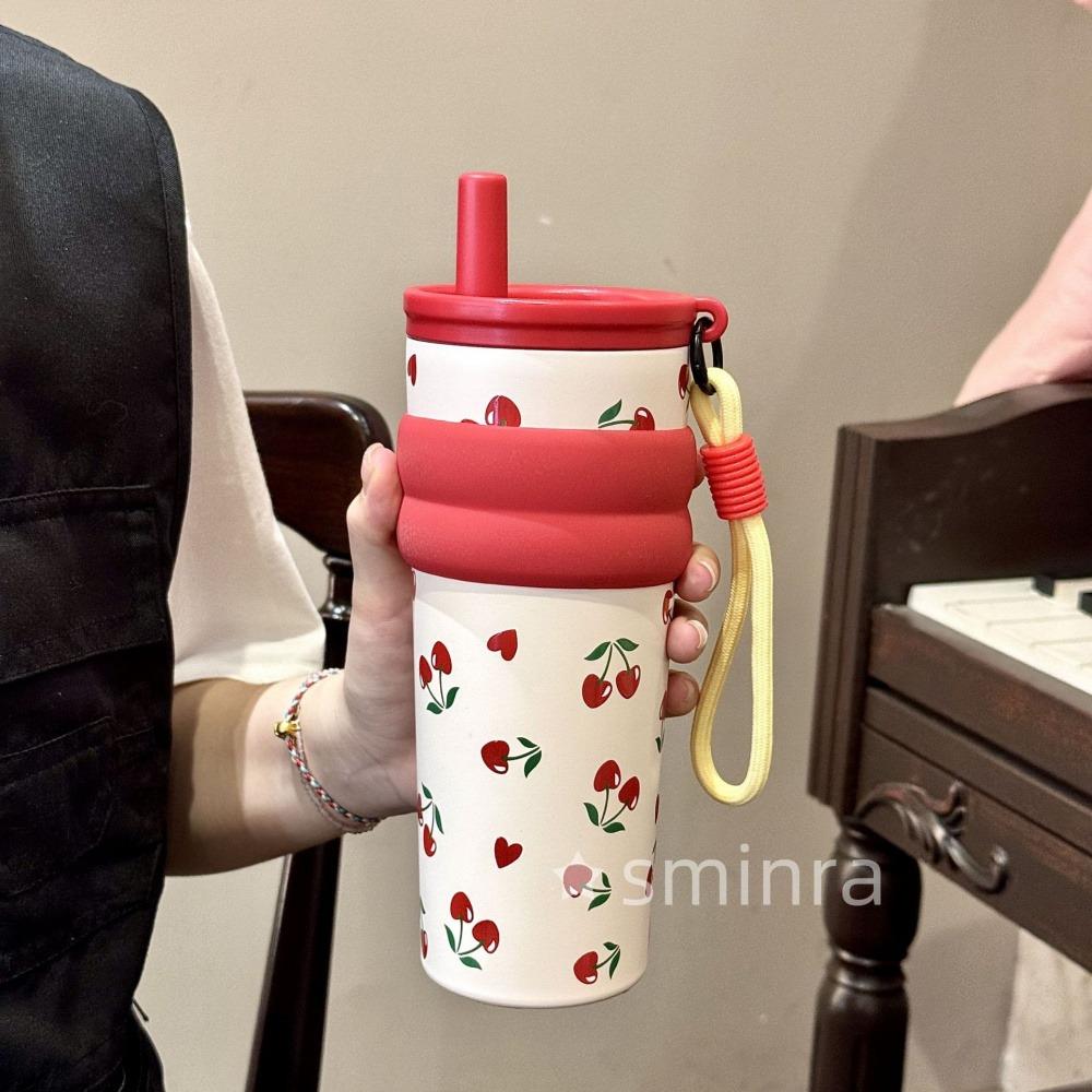 Cute Cat Bow Thermal Water Bottle With Straw Infuser 710ml Stainless Steel Thermos Ceramic Lining Tea Coffee Tumbler For Woman 710ml красный