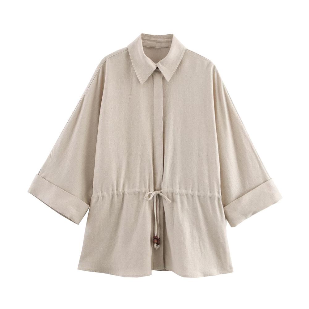 

Женская мода весна/лето 2025 рубашка с длинным рукавом, лацканами, кулиской и деталями из крепа XS хаки