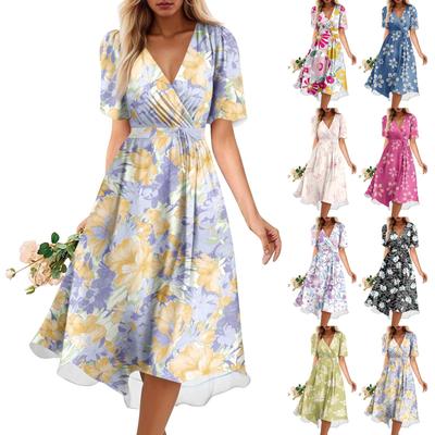 Women's Summer Loose V Neck Short Sleeve Dress, Elegant Dress