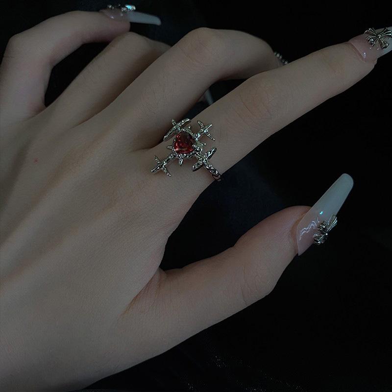Design Sense Darkblood Cross Ring Niche Ruby Zircon Ring Personality French High-End Jewelry