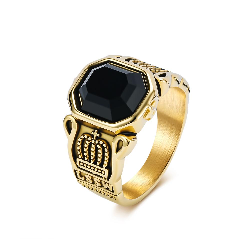 European and American Trend Jewelry Titanium Steel Black Gemstone Crown Ring Niche Literary and Retro High-end Trendy Men's Jewelry
