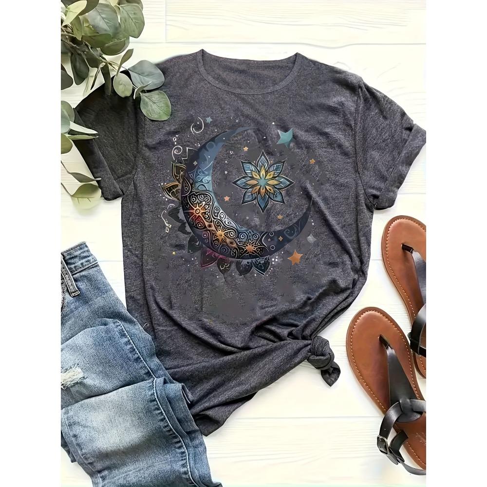 Moon Mandala Women s Tee - Boho Celestial Graphic, Casual Dark Gray Top M