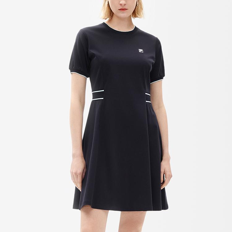 Fila Solid Color Logo Elegant Sports Casual Breathable Knitted A-Line Short Sleeve Dress Women Dresses Legendary-Blue F11W237308FNV