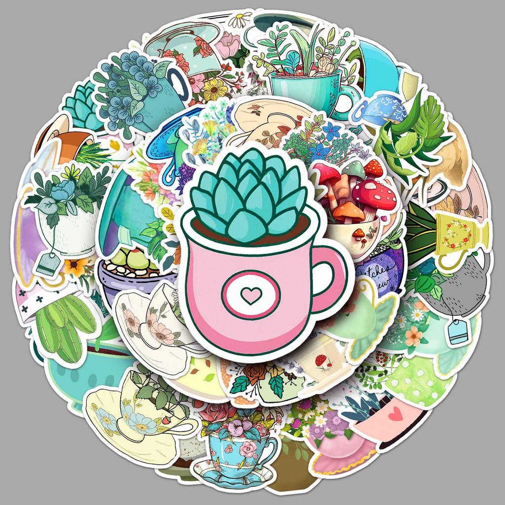 50pcs Artistic Tea Cup Stickers: Fresh, Waterproof, Decorative Milk Tea Designs for Journals and Crafting
