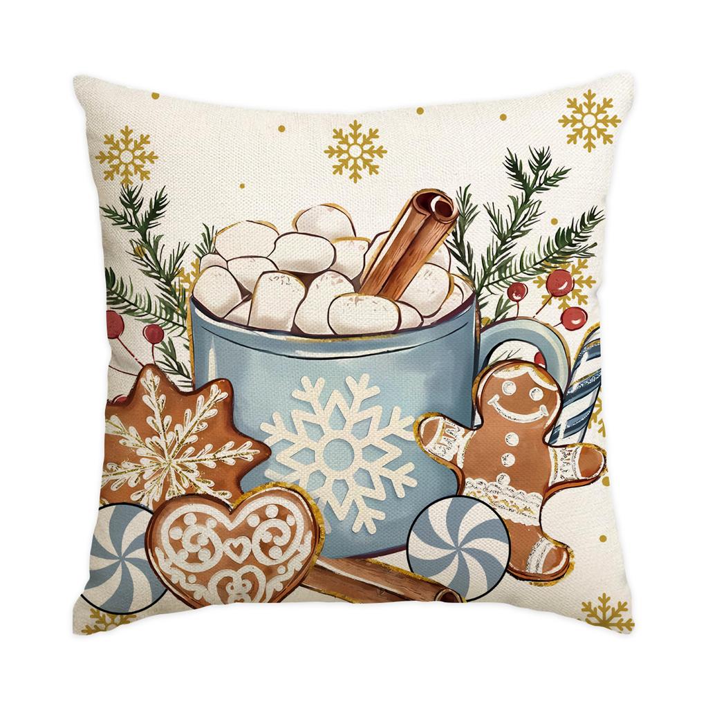 1/4Pcs Blue Christmas Pillowcase, Gingerbread Man Cotton Candy Hot Drink Cup Design Cushion Cover, Christmas Decoration