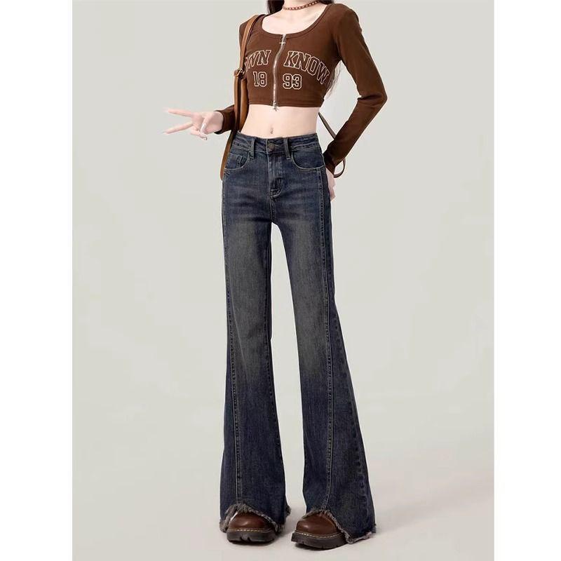 

Women s High-Waisted Retro Frayed Bell-Bottom Jeans - Plus Size, Pear-Shaped, Micro-Flare, Slimming, Spring Collection XXXL