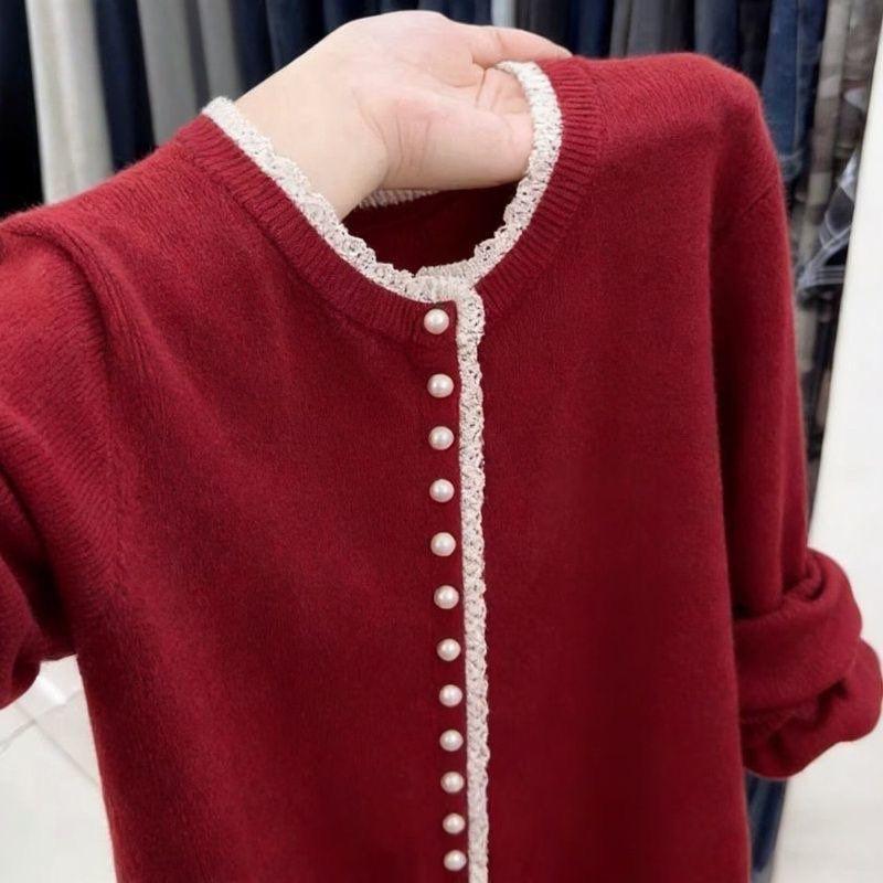2026 Womens Soft Knit Sweater With Lace Trim Collar Loose Fit Elegant Pullover In Multiple Colors