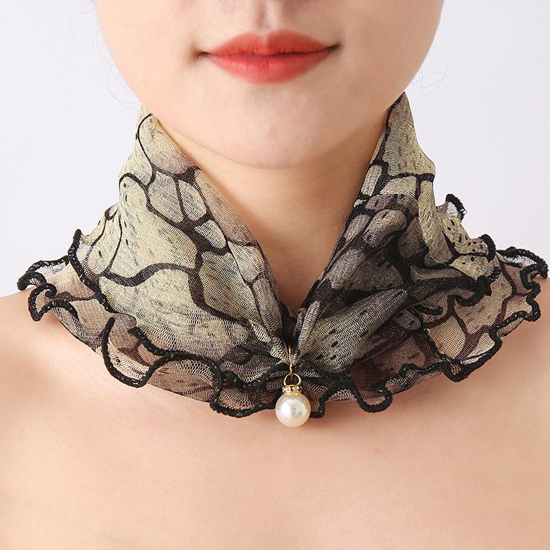 Fashion Printed Gauze Scarf Pearl Pendant Scarf Spring Lightweight Muffler Women Decorative Small Silk Scarf Headband