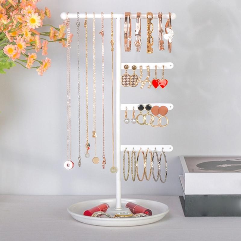 T Bar Jewelry Stand Organiser Display Shelf for Necklace Bracelet Watch Detachable Jewellery Presentation Rack with Tray