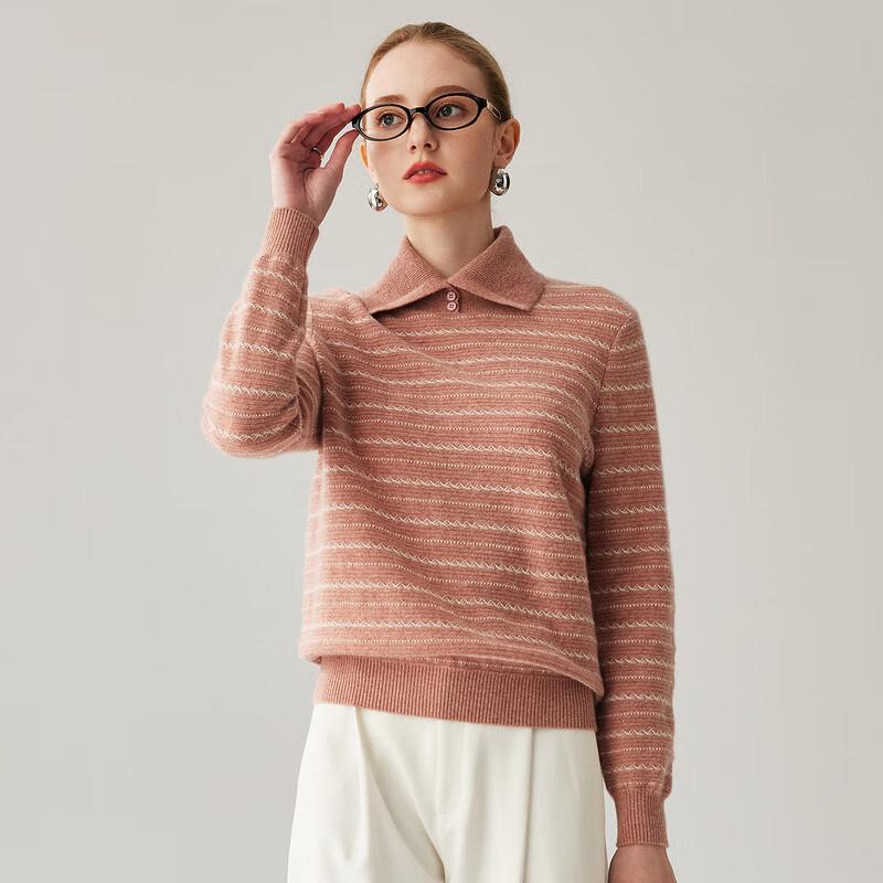 Zhaojun Women's 100% Cashmere Round Neck Striped Sweater