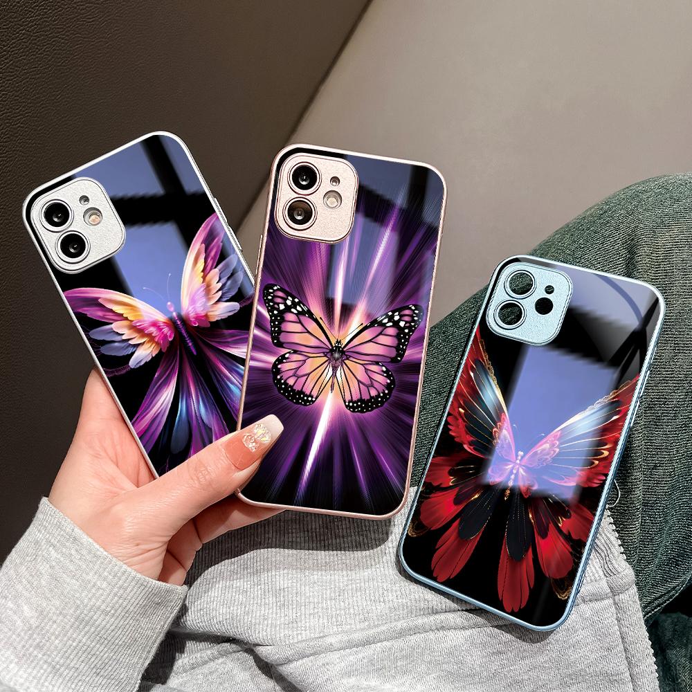 Colored Butterfly Phone Case Metallic Lacquer Tempered Glass Shockproof Cover for Huawei Honor iPhone OPPO Realme OnePlus Xiaomi Redmi Samsung Vivo