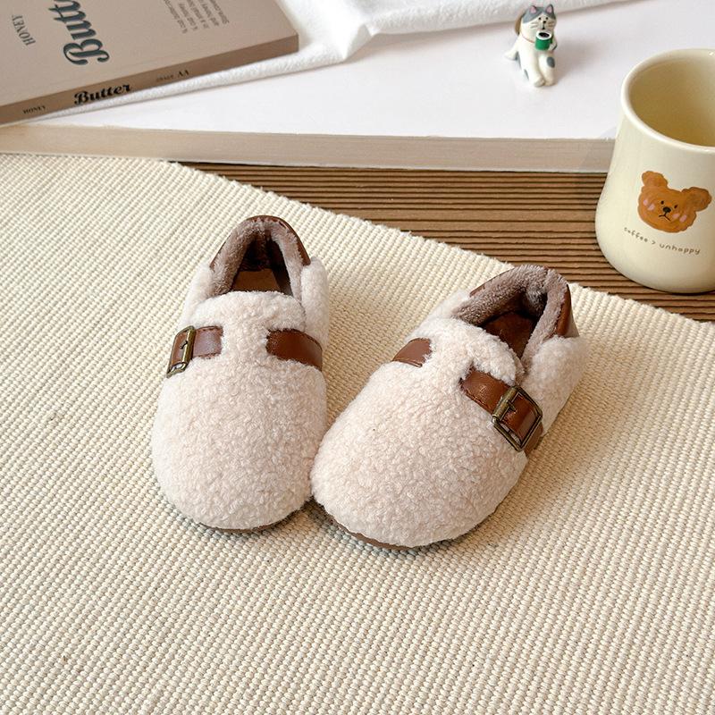 Children's woolen curly girls' cotton shoes, new autumn and winter solid color outdoor wear, warm shoes for small, medium, and large children