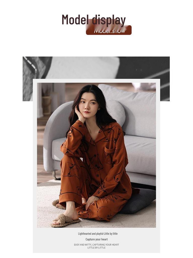 Women's Cute Cartoon Loose-Fit Pajamas Set - Pure Cotton Long Sleeve, Korean Style, Plus Size, Versatile for Indoor & Outdoor Wear.
