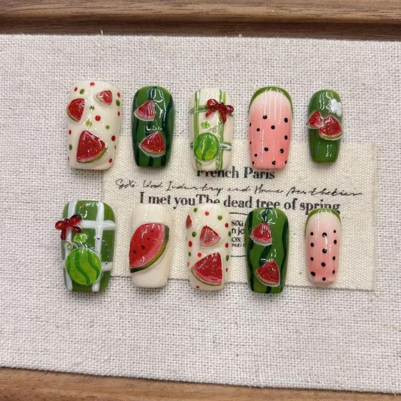 Handmade Press-On Nails Watermelon Cute Style Short Almond Shape Nail Art Women Girls