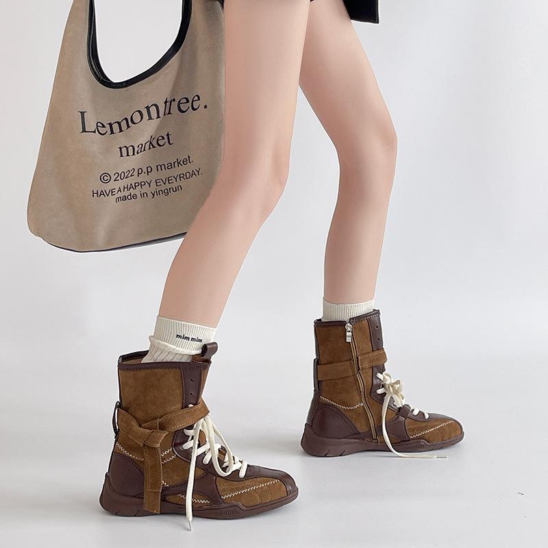 Retro-Stil Nischen-Farbpassende Riemen Boxstiefel Damen Herbst- und Wintermode Vielseitiges Design Splicing Casual Martin Kurzstiefel