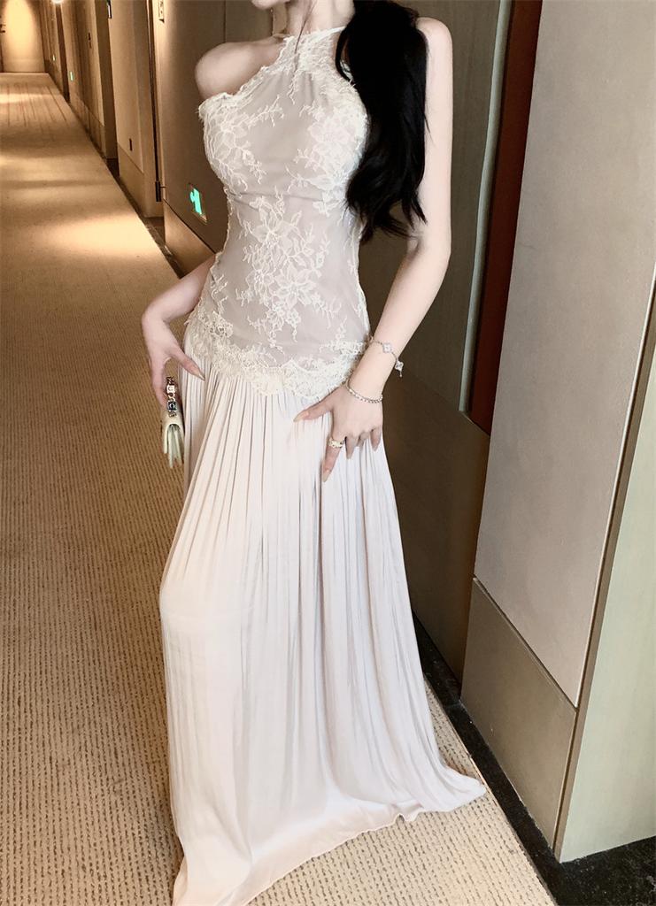 Lace splicing suspender dress women's summer temperament socialite high-end waist backless sleeveless long dress
