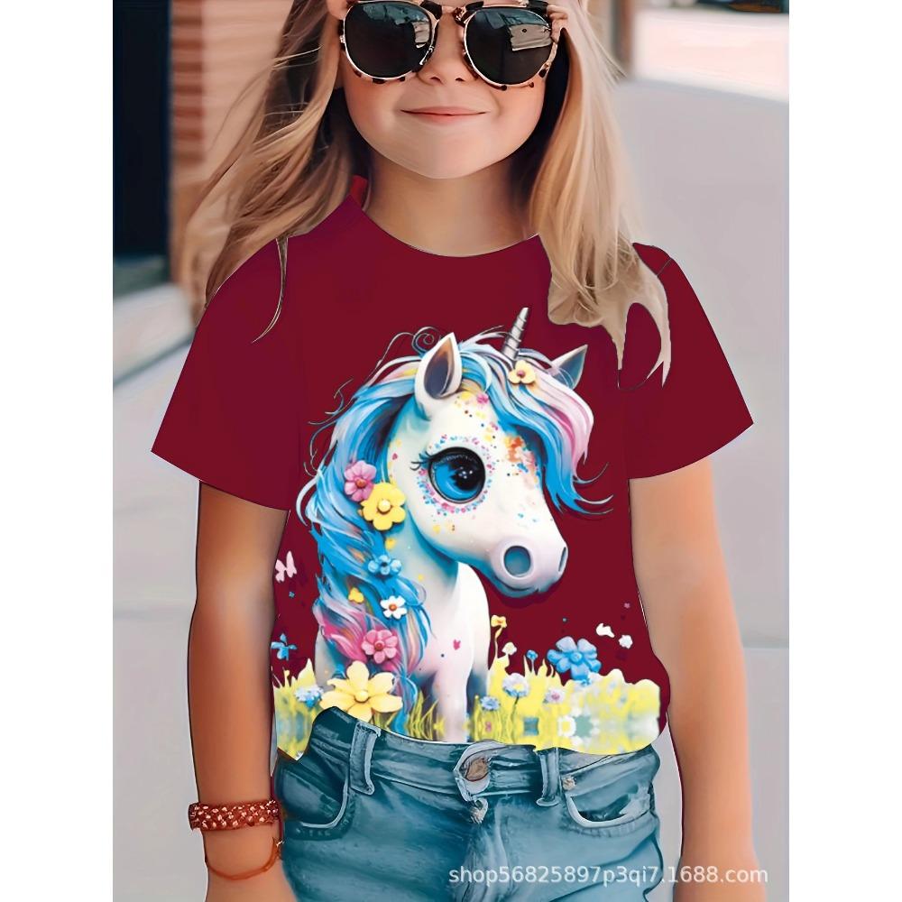 Cartoon Unicorn 3D Digital Casual Short-Sleeve T-Shirt, Suitable for Outdoor Wear, Cute Cartoon Print