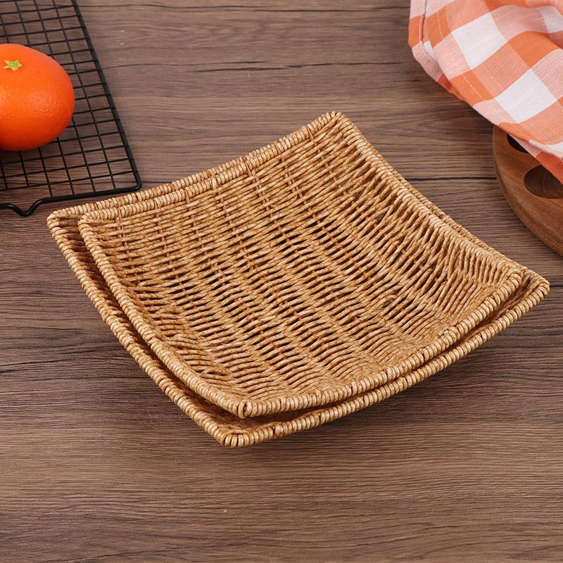 Square Oval Rattan Fruit Bread Snacks Storage Tray Coffee Bar Display Basket Nordic Desktop Cosmetic Sundries Organizer