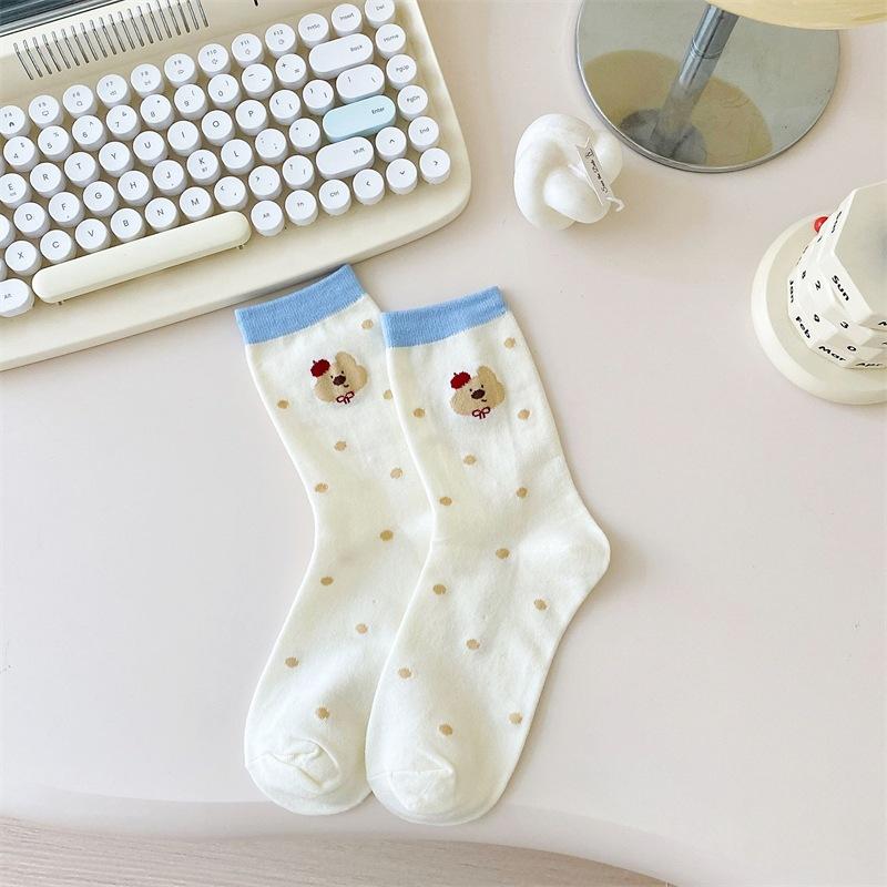 Cartoon Socks Women'S Mid-Tube Socks Trendy Spring And Autumn Cute Preppy Style Bow Polka Dot Puppy Striped Socks