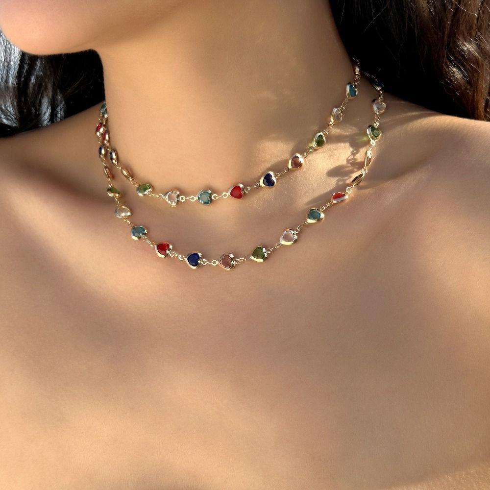 Copper Heart Crystal Necklace Gold Women Long Necklace Creative Retro Clavicle Chain  Women