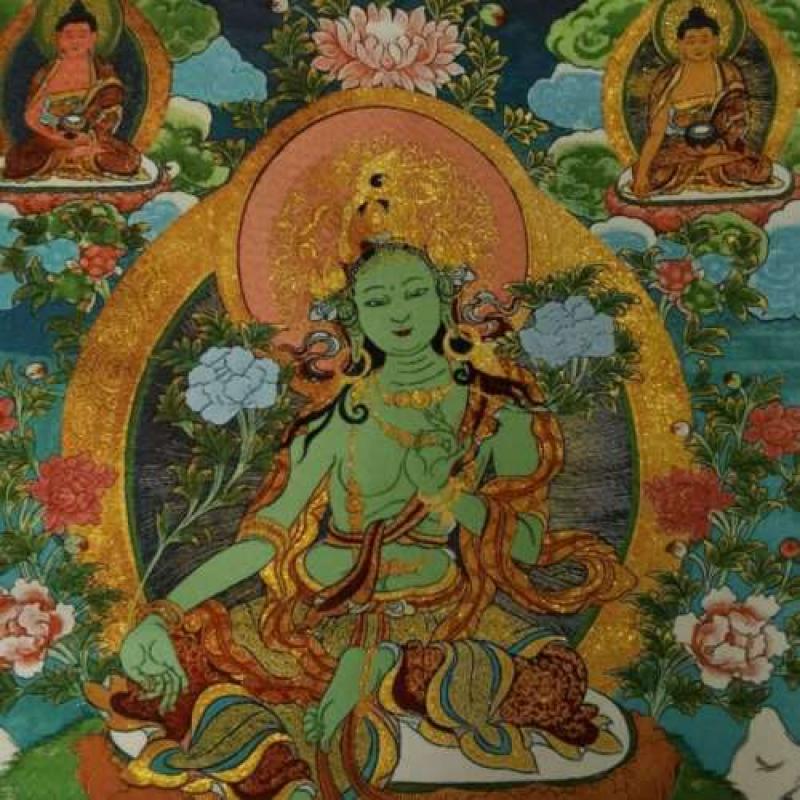Tibet Tibetské Plátno Hedvábí Zelená Tára Duch Soucitu Bohyně Thangka
