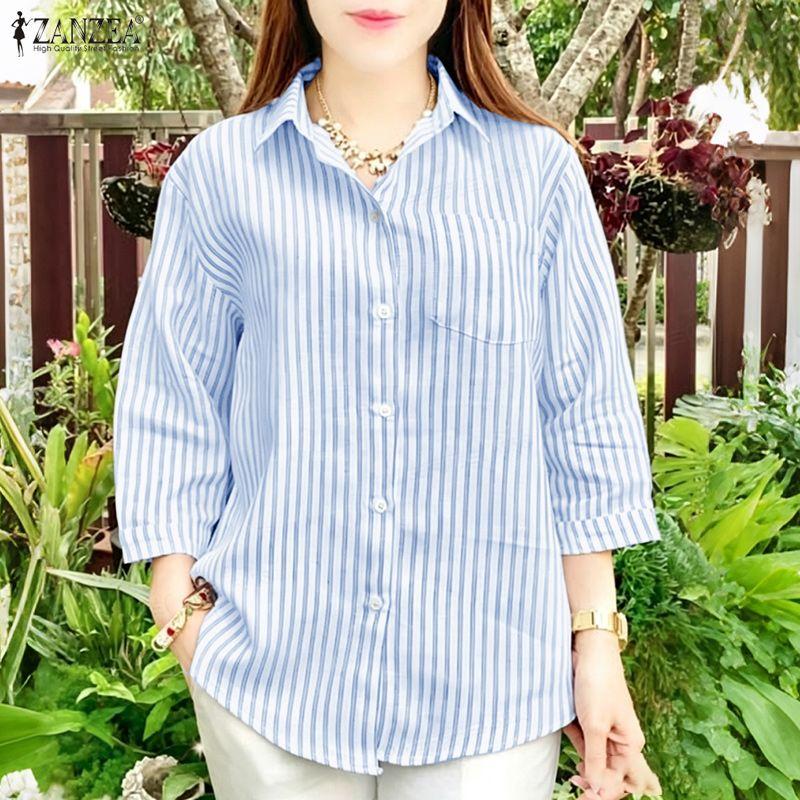 ZANZEA Women Casual Turn Down Collar Stripe Print Loose 3/4 Sleeve Blouse