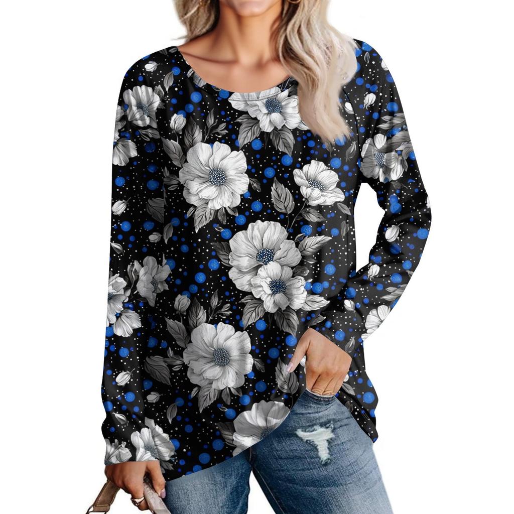 Dames Mode Casual Lange Mouw Print Ronde Hals Pullover Top Blouse