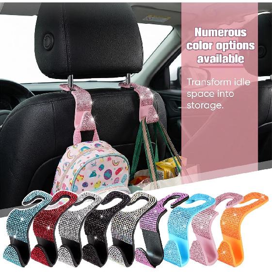 4PCS Bling Car Seat Headrest Hook, Crystal Rhinestone Backseat Hanger Organizer for Purse Handbag Umbrella, Shiny Auto Interior Seat Back Storage