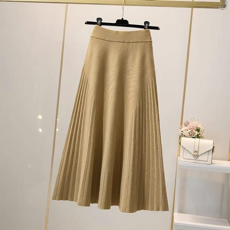 Autumn Winter 2025 Thick High-Waisted A-Line Wool Pleated Midi Skirt for Women