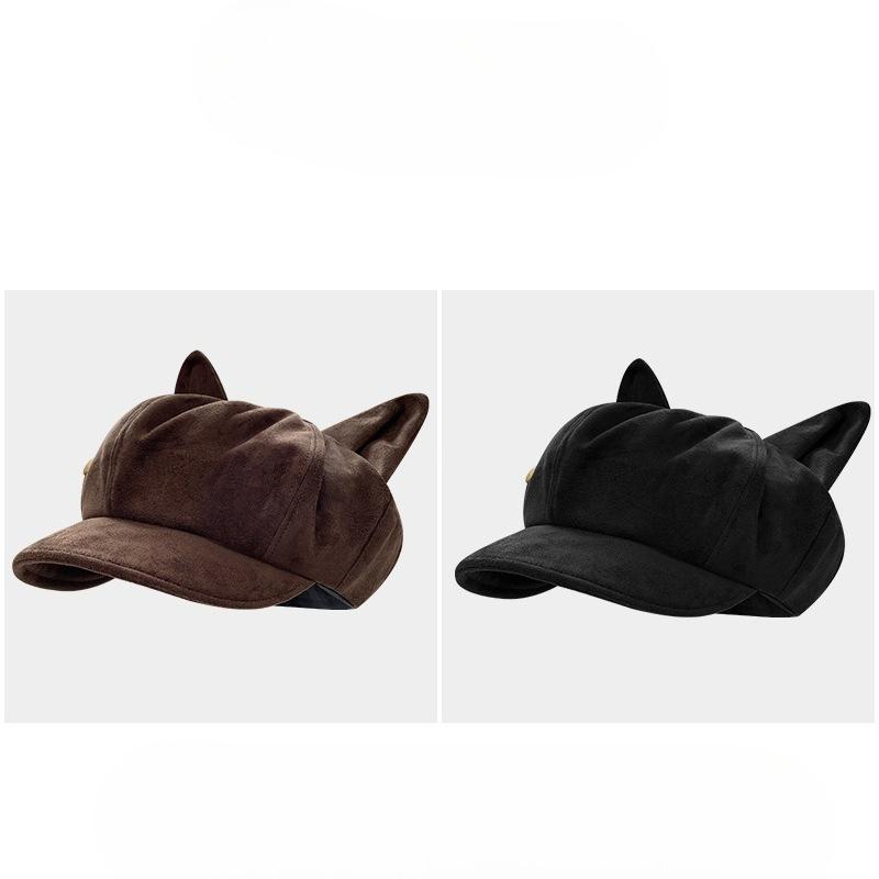 Korean Retro Cat Ears Octagonal Hat Women's Autumn and Winter Face Showing Newsboy Hat Brushed Warm Beret