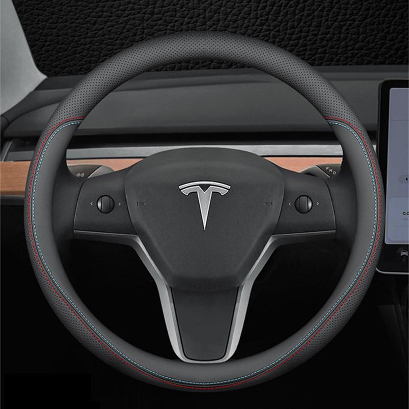 Steering Wheel Cover For Tesla Model 3 Y S X Nappa Leather 4 Seasons 36-39 CM Diameter Black Car Interior Accessories 2017-2026
