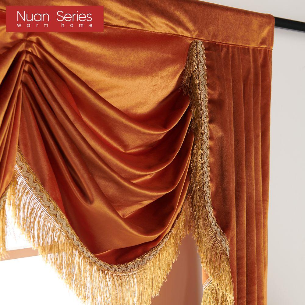 1PC Nuan Series Luxury Golden-Yellow Tassel Trim Waterfall Valance Velvet Texture Curtain For Kitchen Window Home Decor