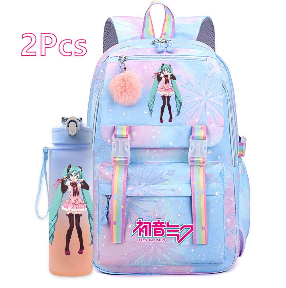 2 st/set Söt Hatsune Miku-tryckt Ryggsäck med 750 ml Vattenflaska för Tonårsflicka Pojke Skolväska Stor Kapacitet Vattentät Resväska Gåva