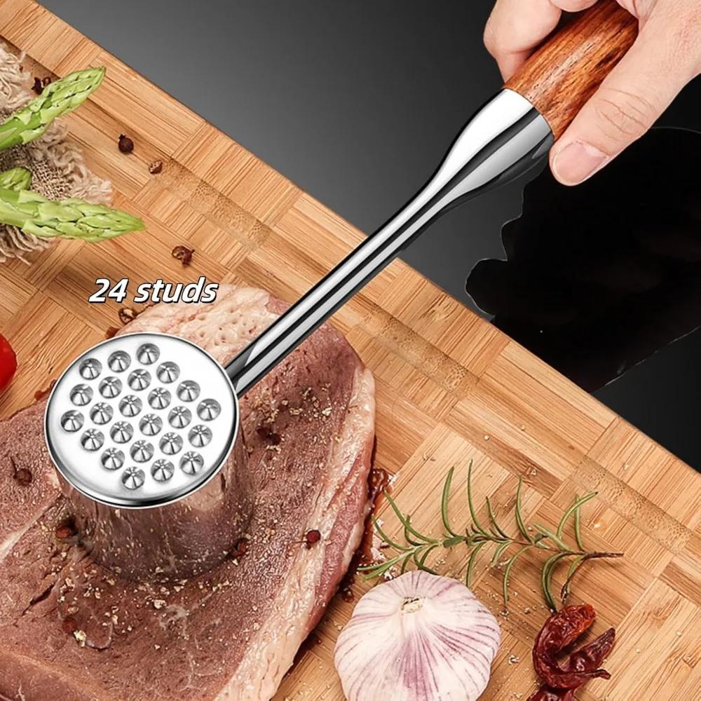 Damaly,304 Stainless Steel Meat Tenderizer Pounder with Wood Handle, Dual-Sided Kitchen Tool for Pounding Meat and Garlic