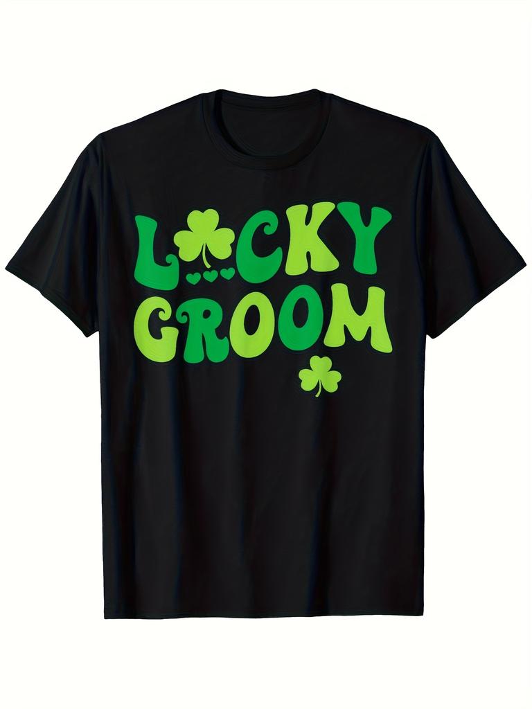 Lucky Groom St Patrick Day Graphic Tee Men's Casual Short Sleeve Crew Neck Cotton T-Shirt