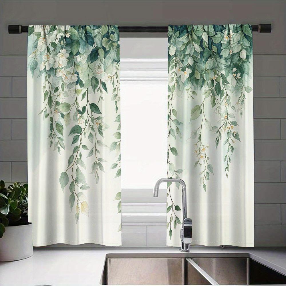 2pcs Botanical Green Leaves Floral Curtains Watercolor Style White Flowers Pattern HD Digital Printed Semi-Sheer Curtains for Li