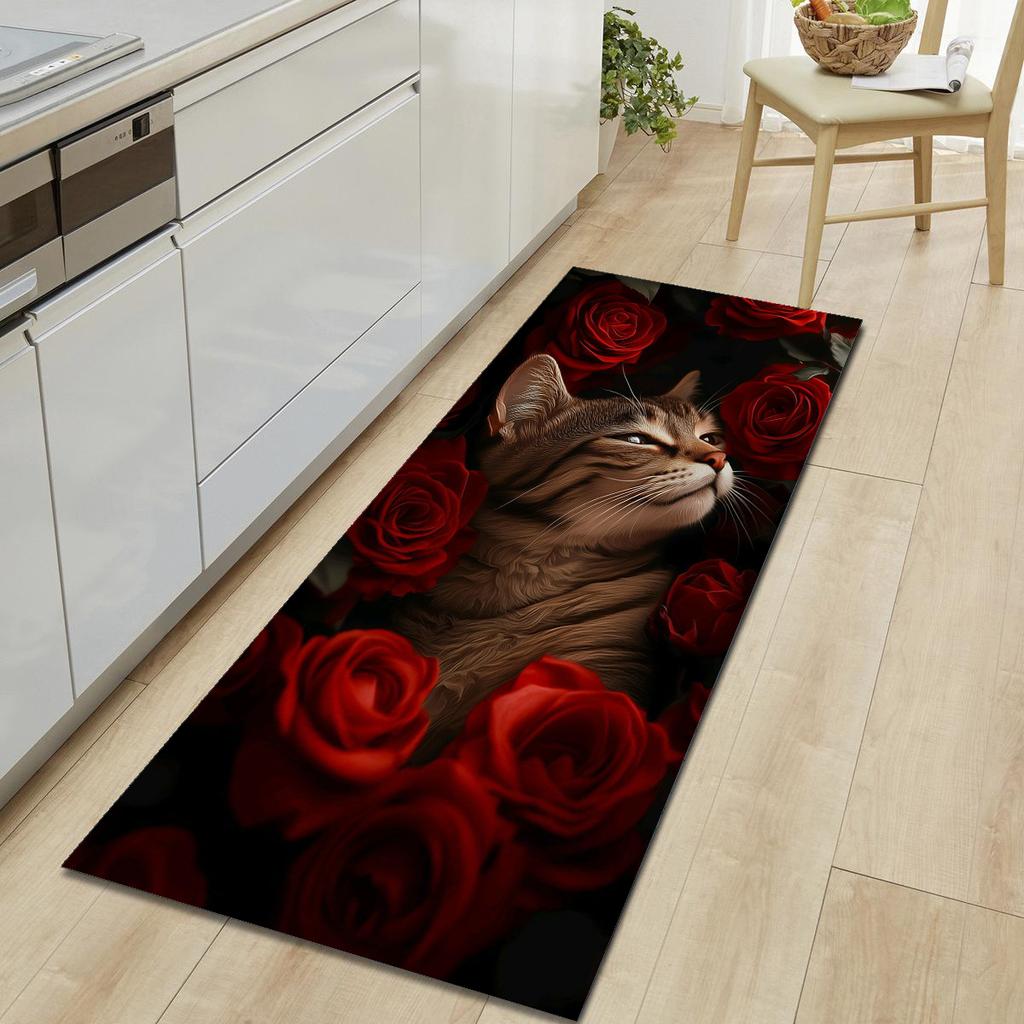 1Pcs Cat Rose Pattern Floor Mat Modern Kitchen Polyester Rug Non-Slip Colorful Indoor Carpet, For Home Bathroom Bedroom Living Room Decor