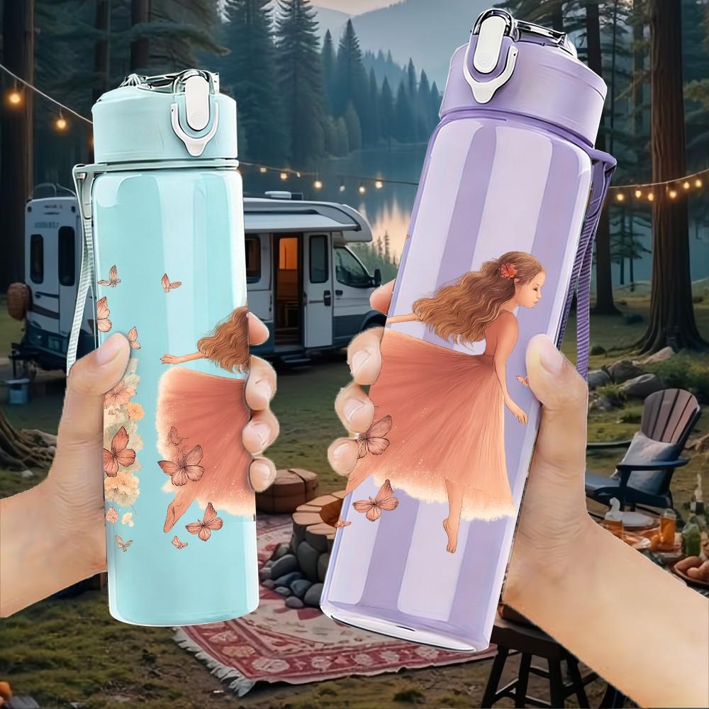 1PC Two Dancing Girl Silhouette 750ml Color Plastic Sports Water Bottle Leakproof Flip Straw Lid Suitable for Sports Office Home Use