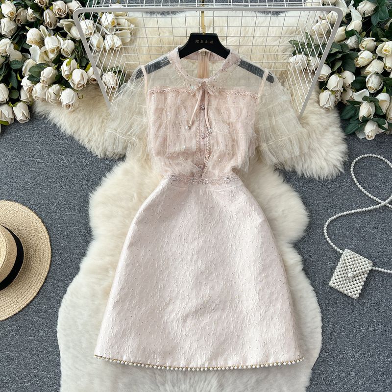 

Accessible Luxury Socialite Mesh Heavy Industry Beads Dress Sequin Apricot S